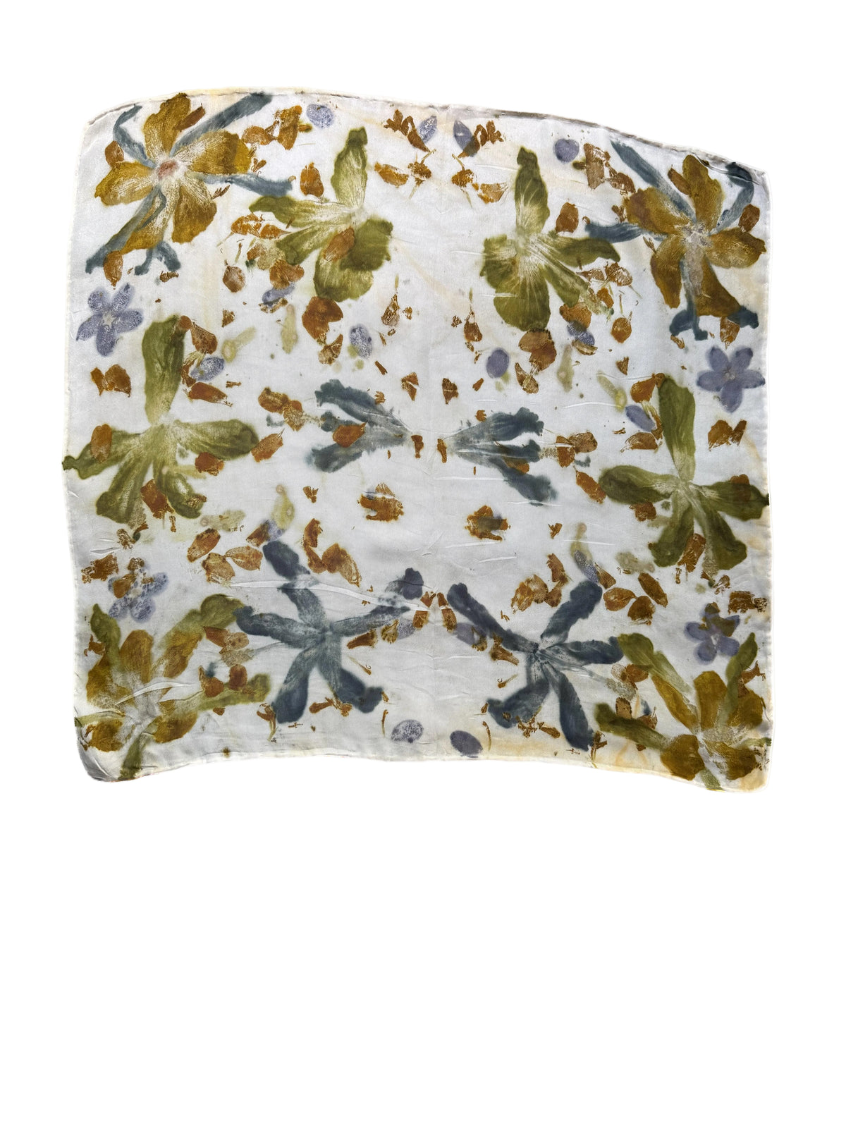 A square scarf with a white base featuring a vintage floral pattern in olive green, slate blue, and gold, shown flat against a white background.