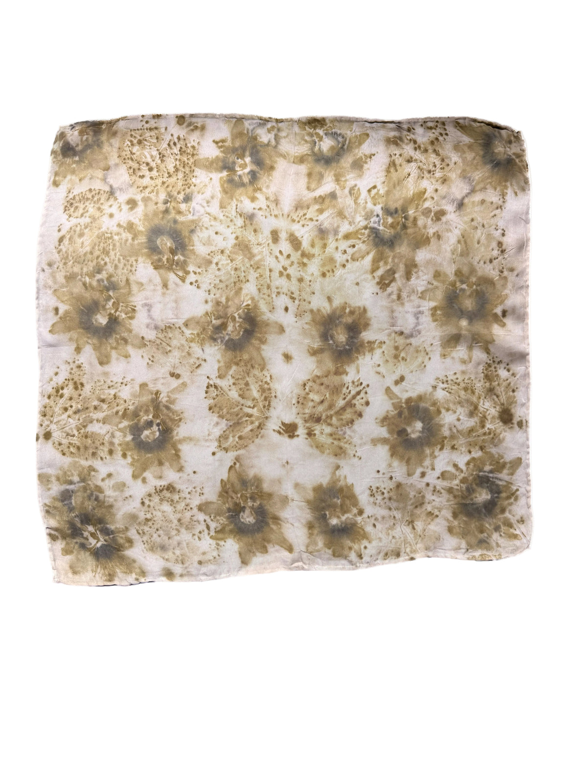 A square fabric scarf or bandana featuring a tie-dye floral pattern in earthy olive green, brown, and beige tones on a white base, shown flat against a white background.