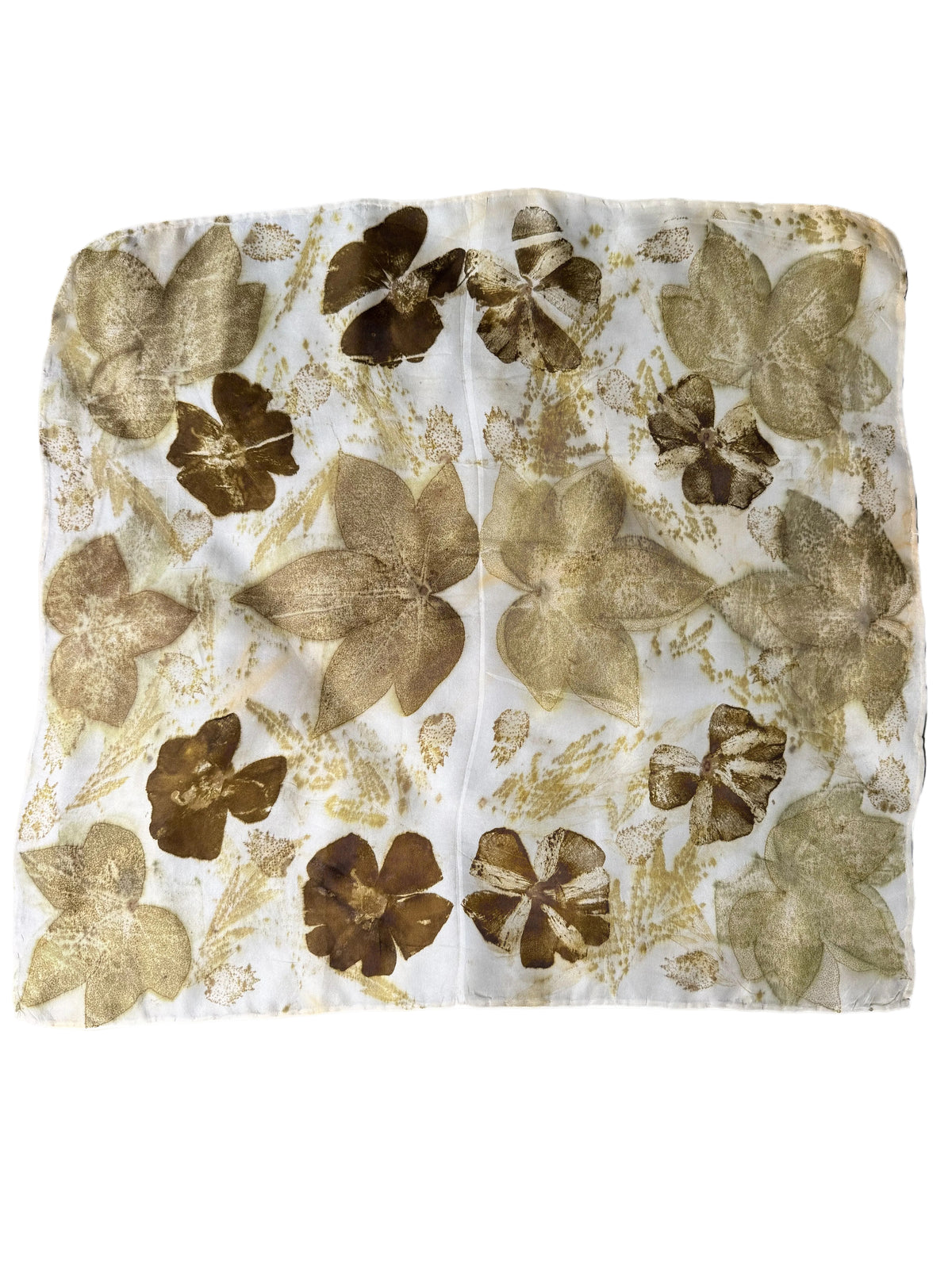 A square scarf featuring a vintage botanical pattern with metallic gold and bronze pressed flowers and leaves on a white background.
