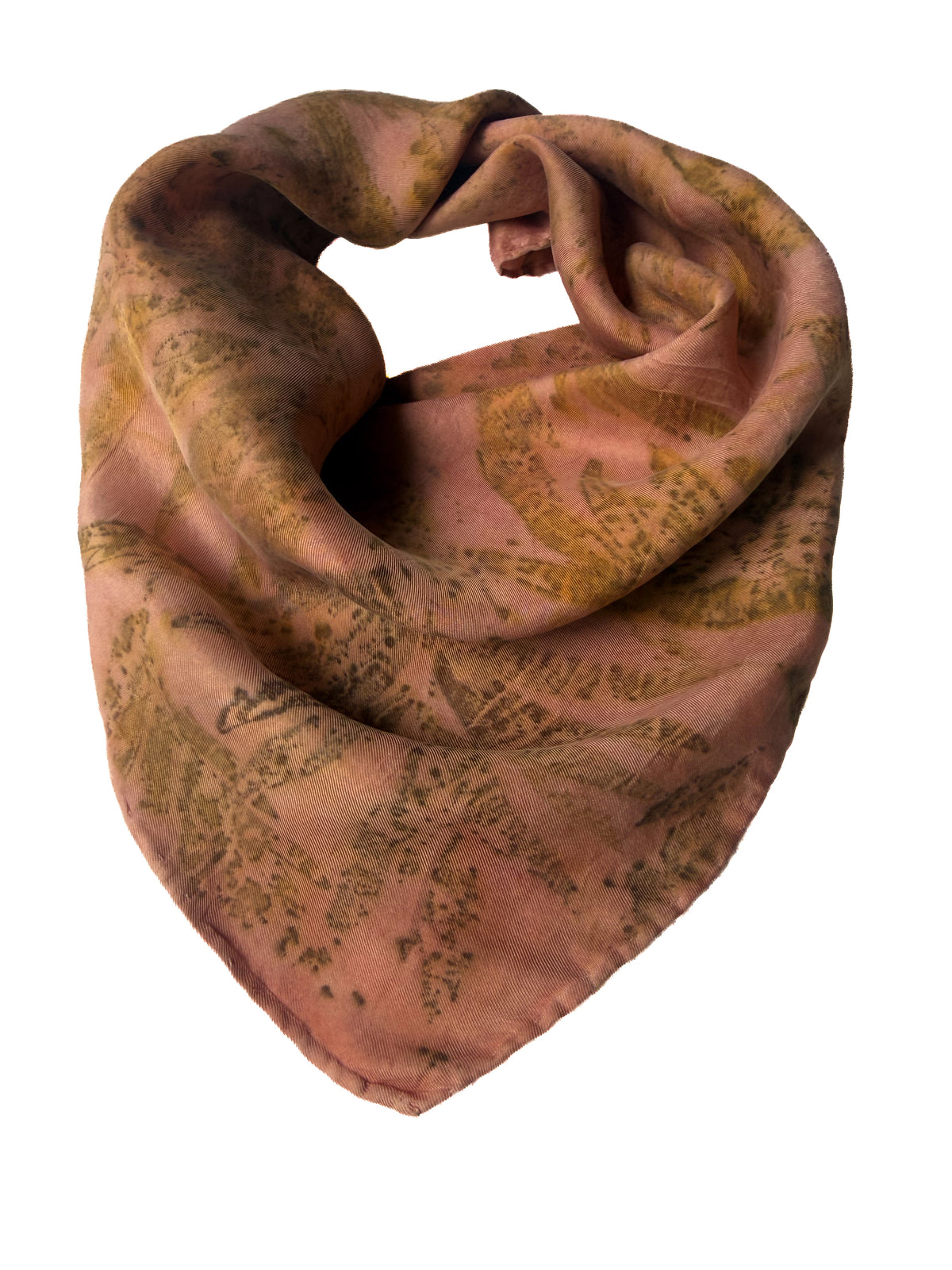 A lightweight square scarf with a distressed, vintage-style botanical pattern in muted brown and olive green on a dusty rose pink background, shown against a plain white background.