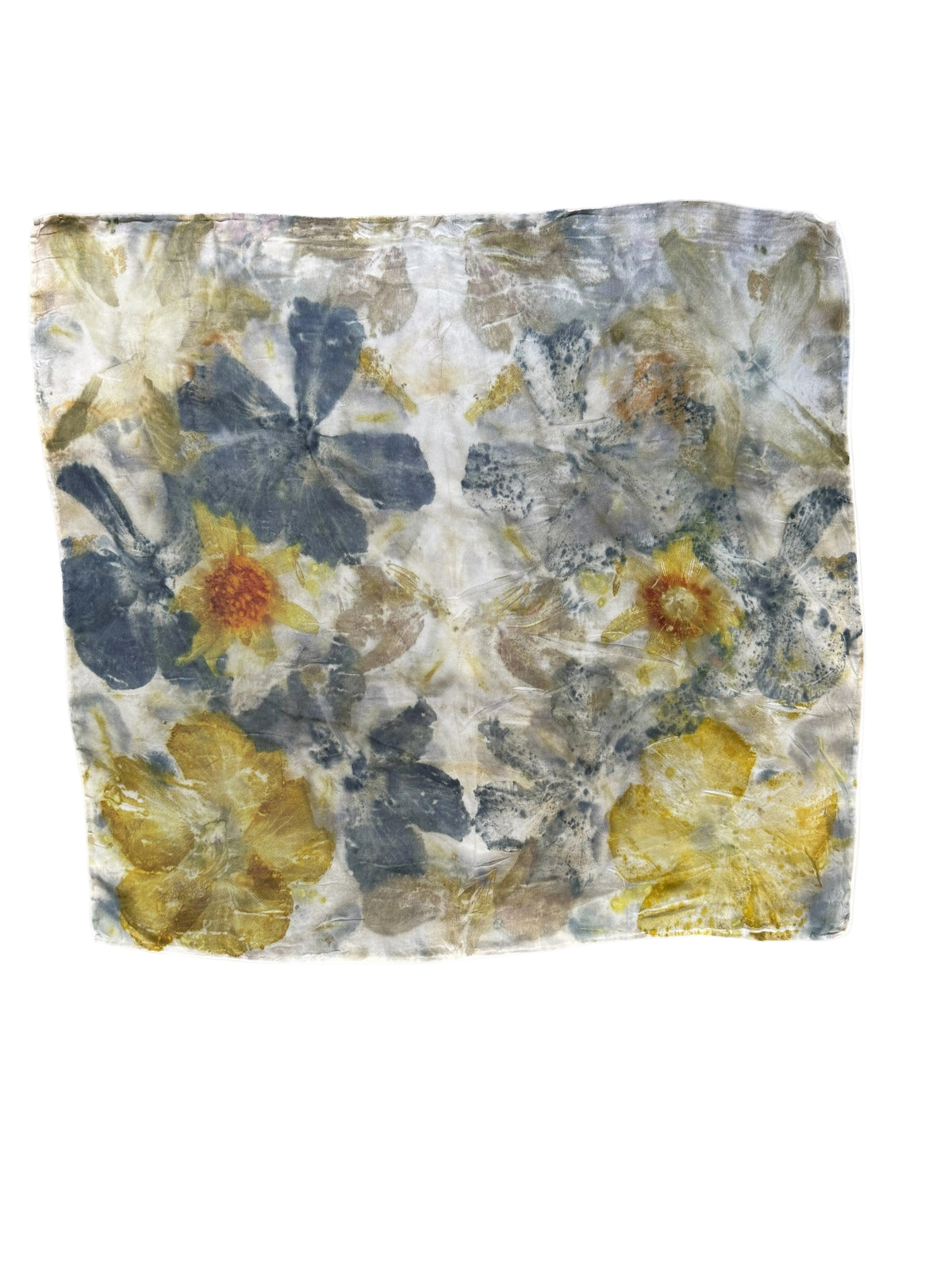 A square fabric scarf or bandana featuring an abstract floral pattern in muted blue, yellow, and gray tones on a textured off-white background.