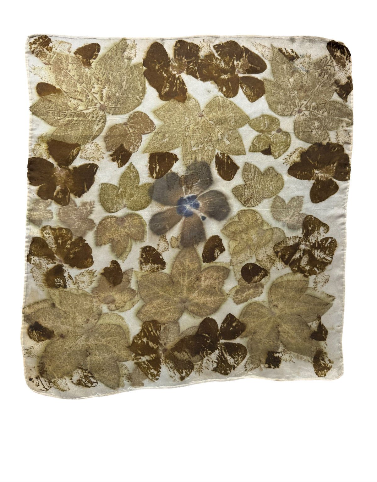 A square fabric throw blanket featuring a vintage-style pattern of pressed leaves and butterflies in earthy brown, olive green, and gold tones on a cream background.