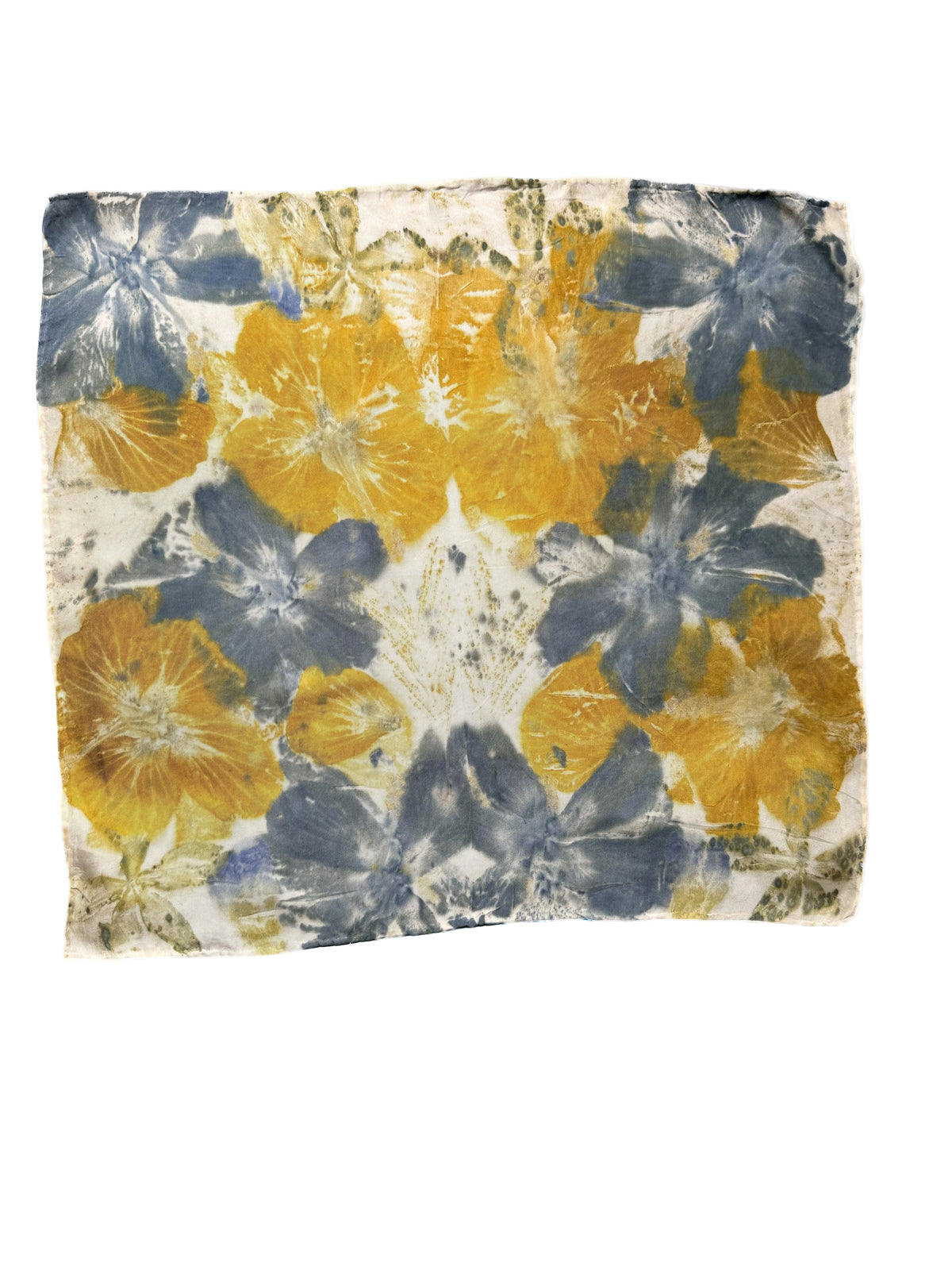 A square fabric scarf featuring a shibori tie-dye floral pattern in mustard yellow and slate blue on an off-white base, shown against a plain white background.