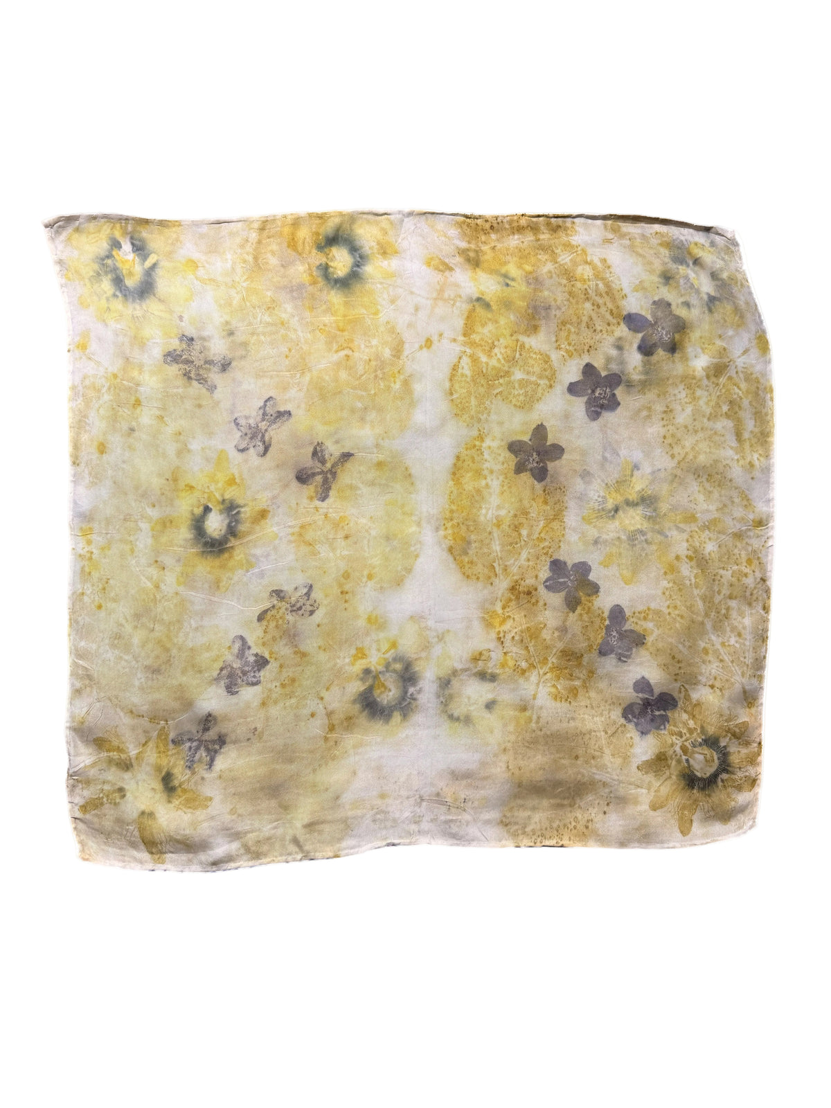 A square piece of textured fabric with a yellow and beige floral pattern, featuring dark gray flower motifs, shown flat against a white background.