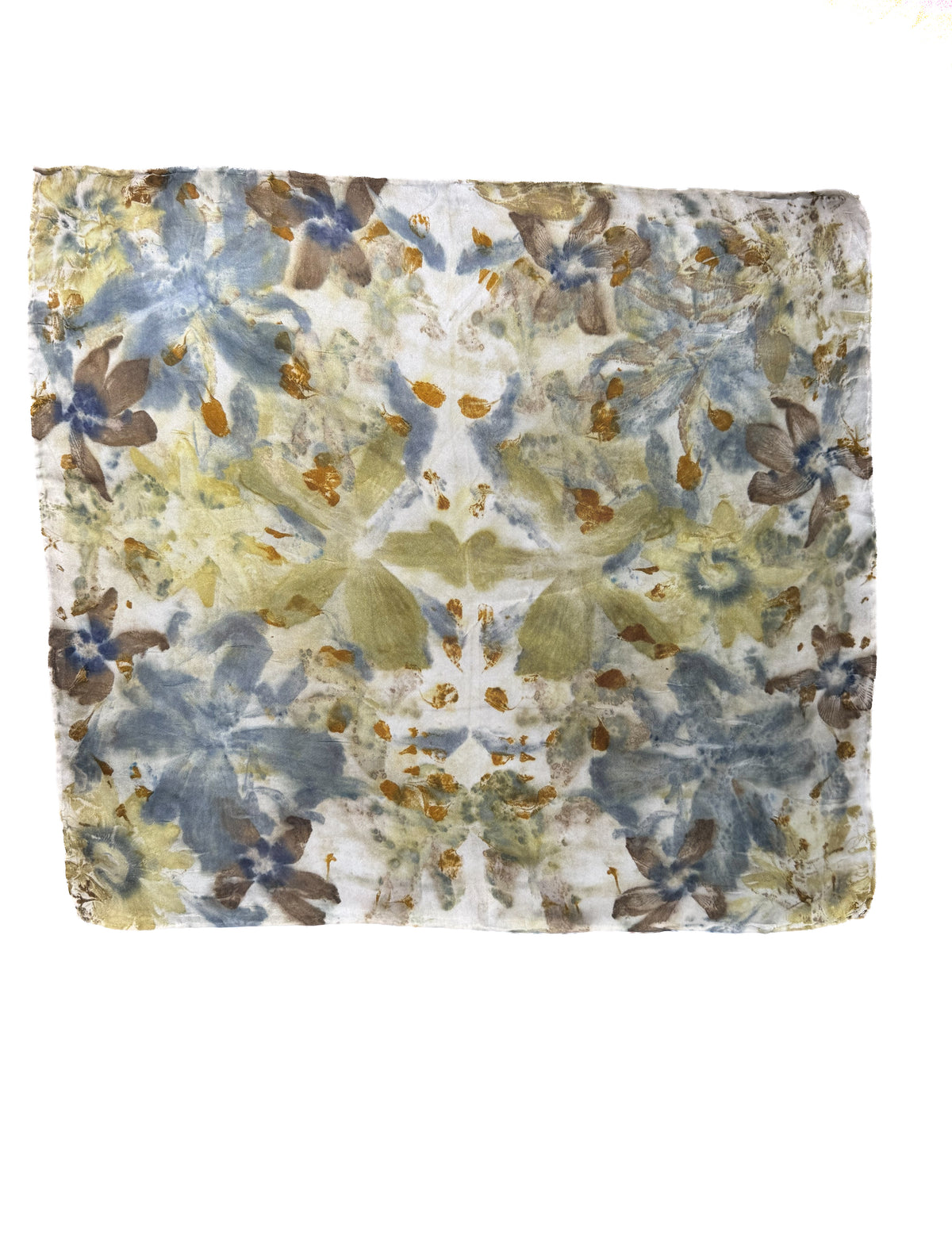 A square scarf with an abstract, symmetrical floral pattern in muted blue, olive green, brown, and yellow tones on a white base, shown flat against a white background.