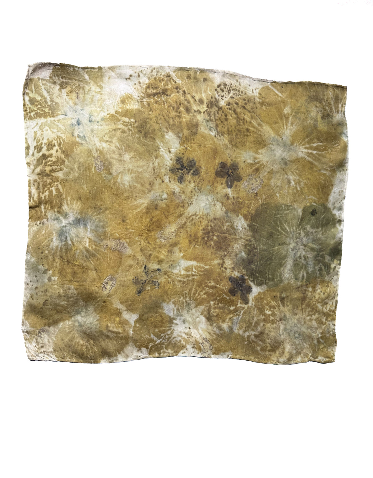 A square fabric with an abstract tie-dye or batik pattern in earthy tones of brown, beige, muted green, and off-white, shown against a plain white background.