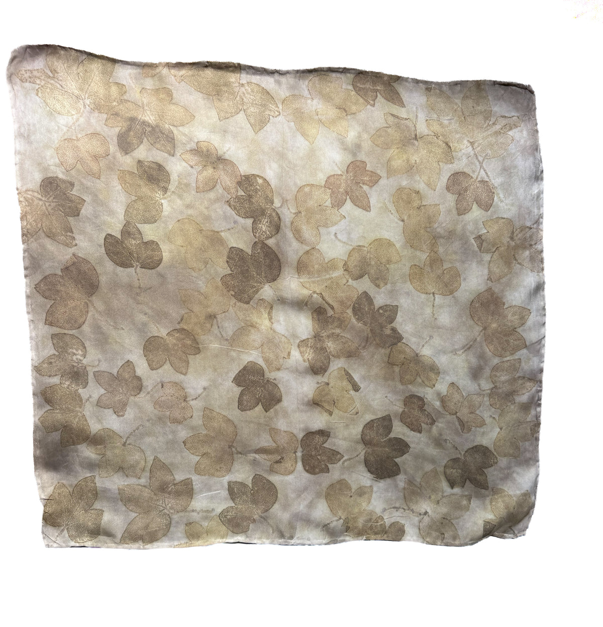 A square scarf featuring a delicate pattern of overlapping leaf silhouettes in shades of taupe, brown, and beige over a light cream background.
