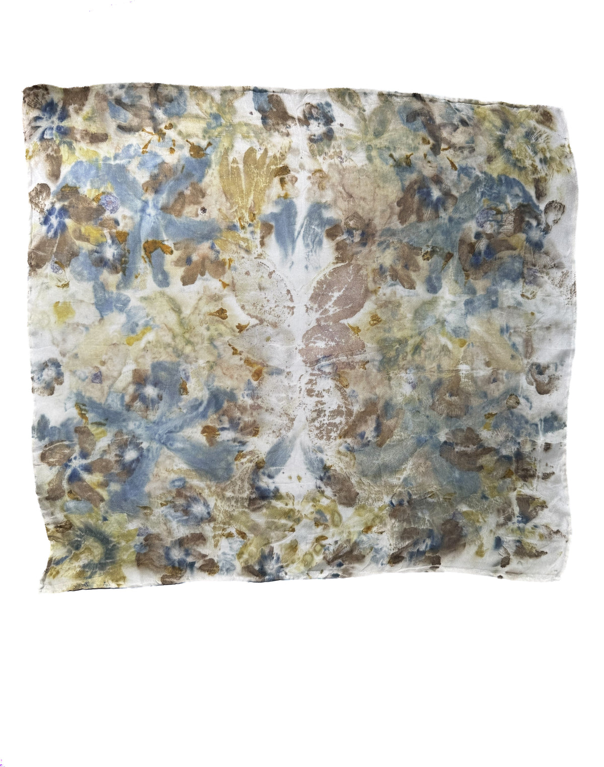 A square decorative pillow with an abstract, watercolor-like pattern in shades of blue, beige, brown, and muted green on a white base, shown against a plain white background.