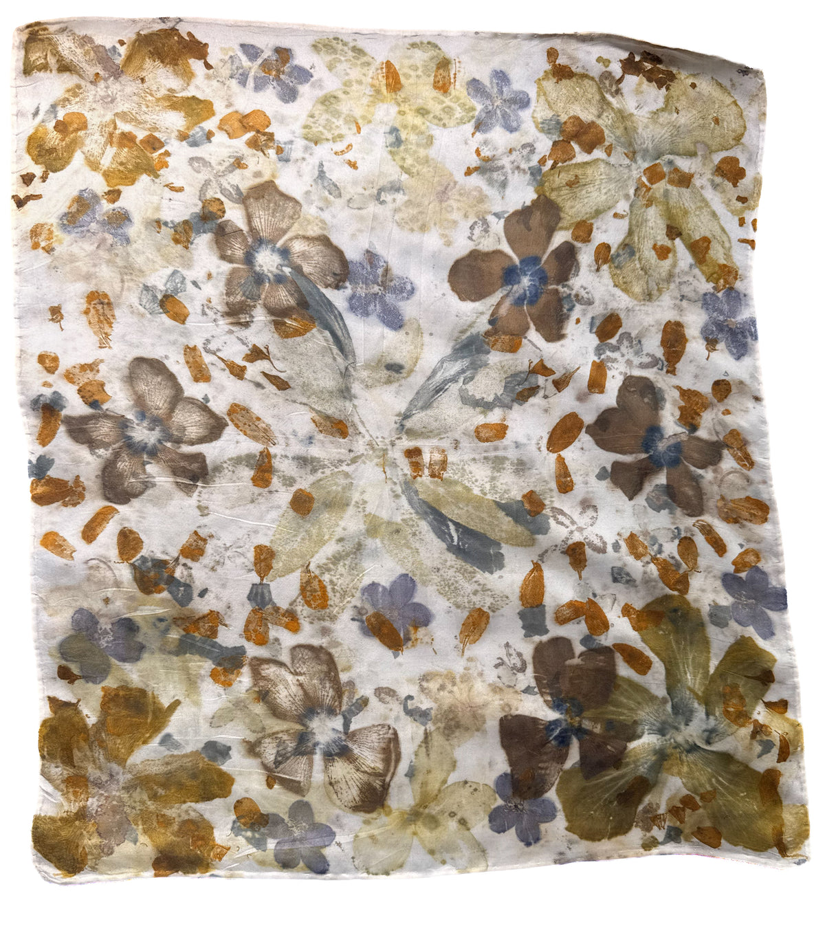 A square scarf with a distressed, watercolor-style floral pattern in earthy tones of brown, gold, and muted blue on an off-white background.