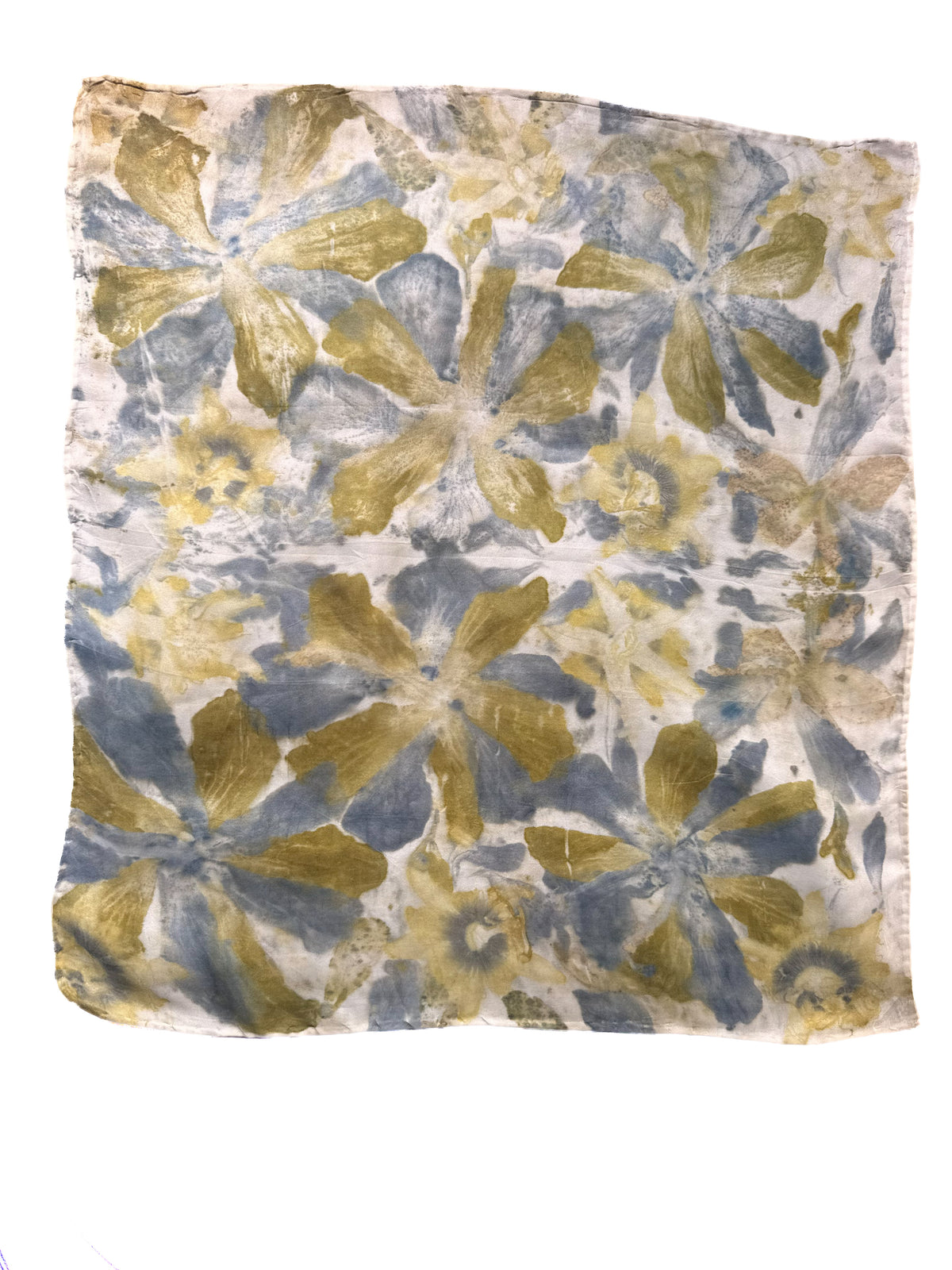 A square scarf featuring a hand-painted style floral pattern in muted olive green, slate blue, and yellow on a distressed off-white background.