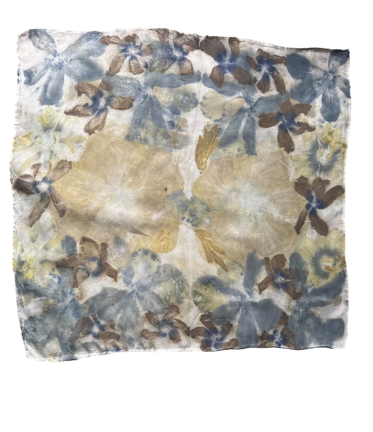 A square fabric scarf or bandana featuring a shibori tie-dye floral pattern in muted shades of blue, brown, and yellow on a cream base, shown flat against a white background.