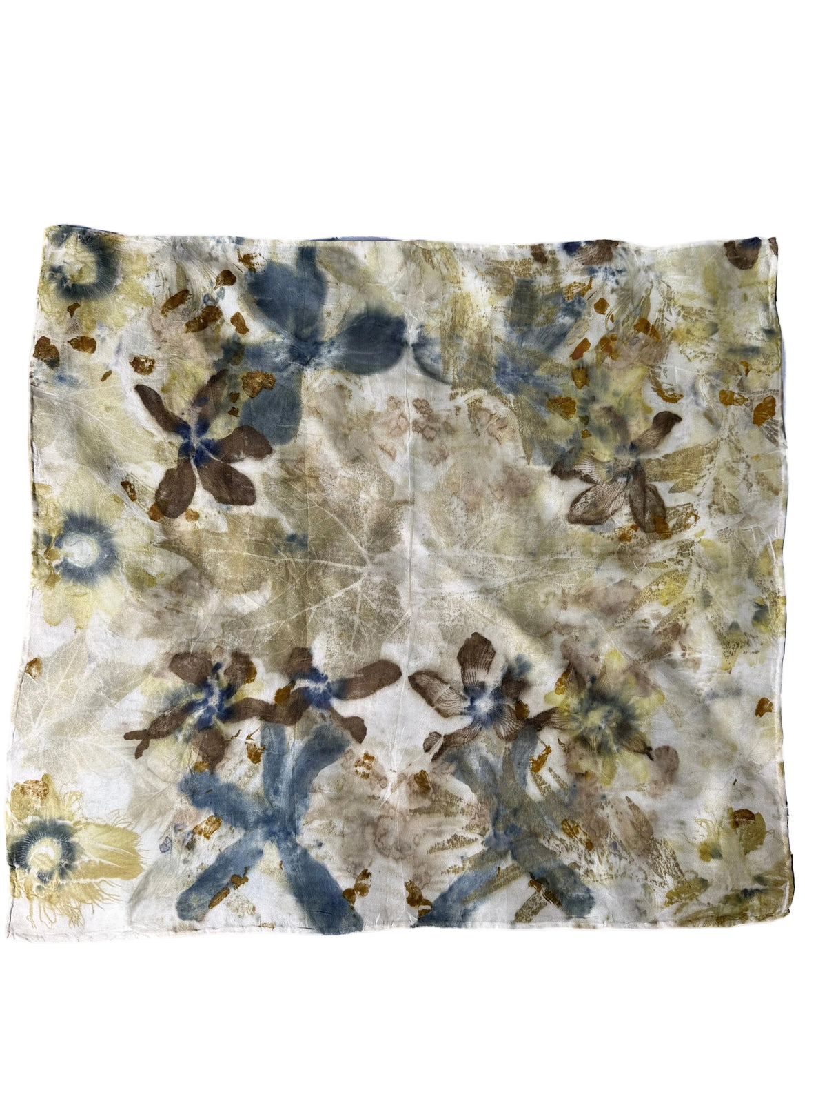 A square scarf with an abstract floral pattern in muted blue, brown, and gold tones on a cream background, shown flat against a white background.